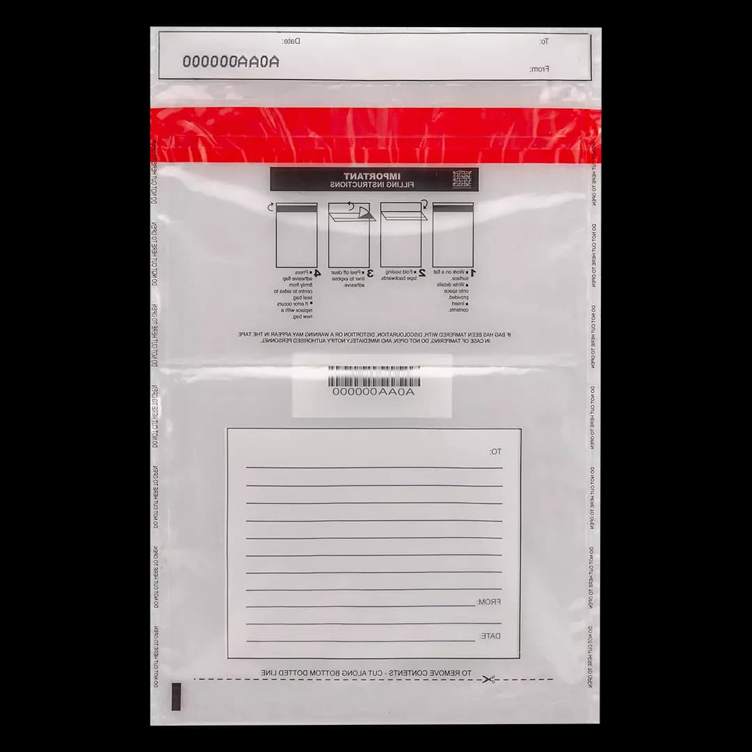Clear secure document bag with solid red tamper evident header