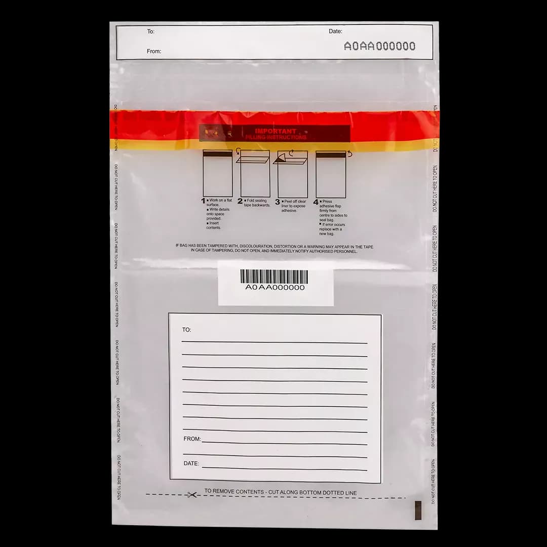 Clear secure document bag with yellow and red double security strip