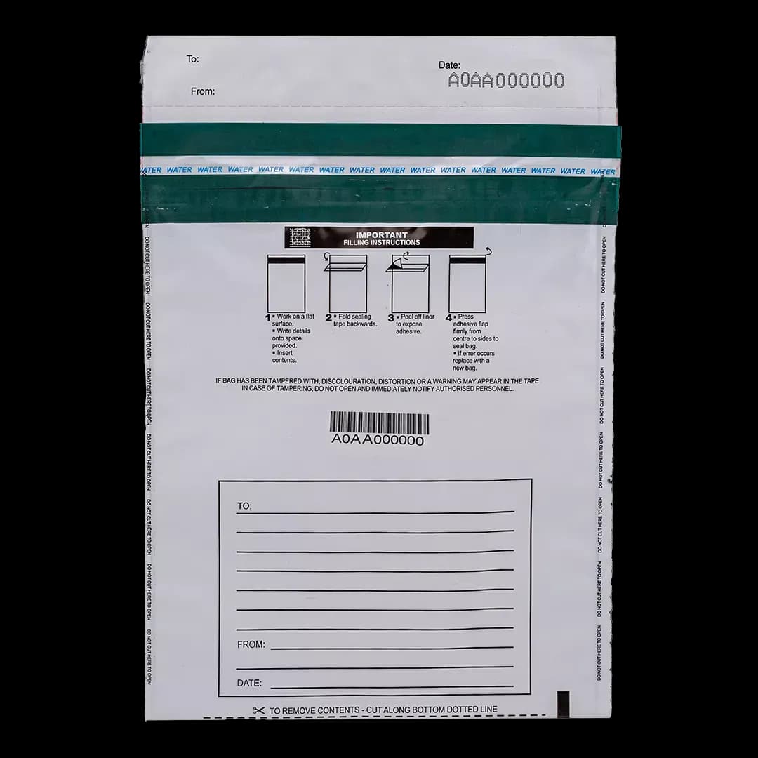 Secure document bag with teal security strip and barcode