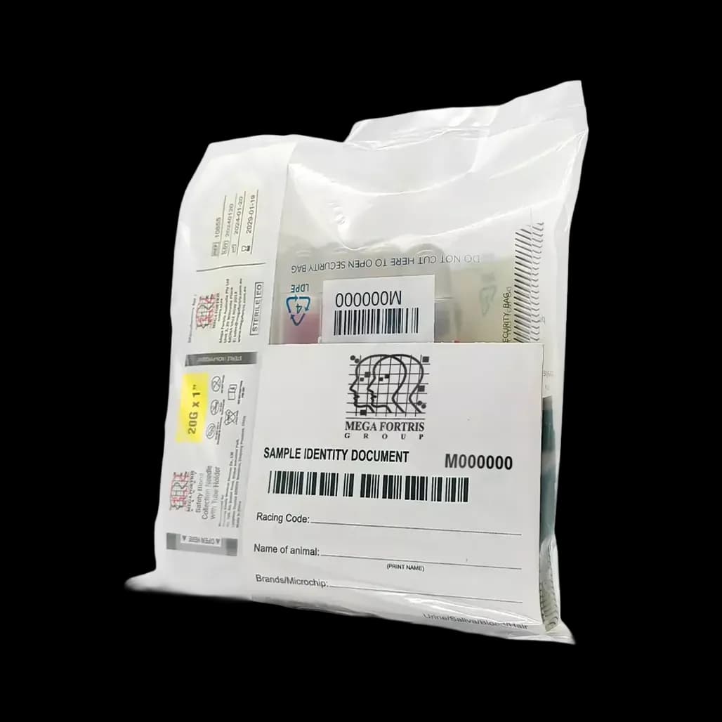Angled view of sealed microbiology sampling tamper evident bag with barcode label