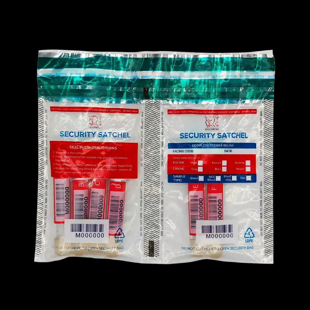 Two tamper evident bags each containing red sample tubes