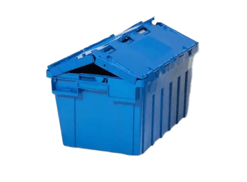 Blue attached lid plastic tote box for secure distribution