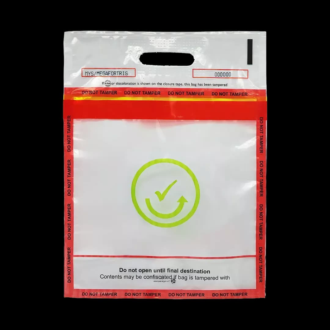 Large red tamper evident bag with green tick printed on front