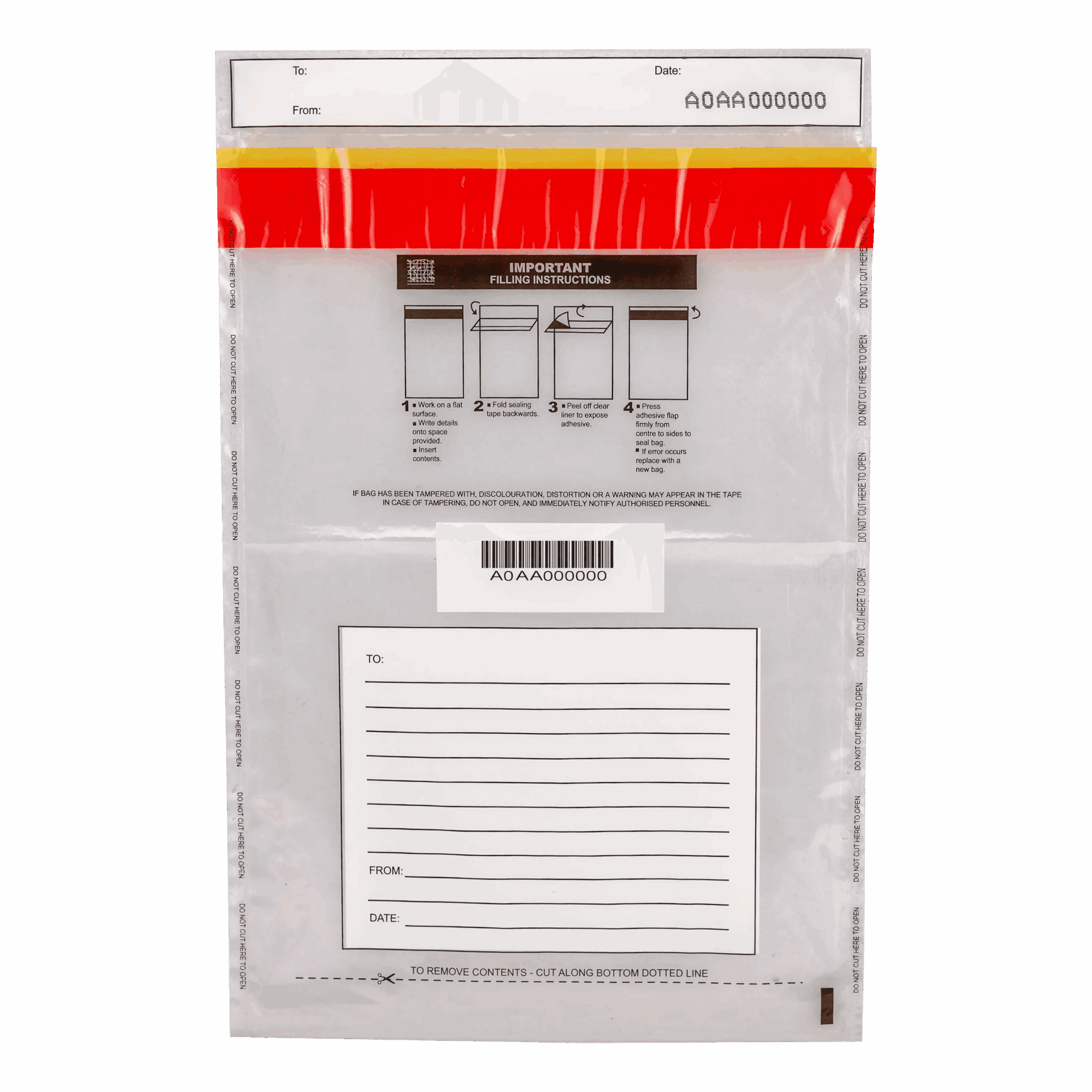 Second clear tamper evident bag with red header and writable info panel