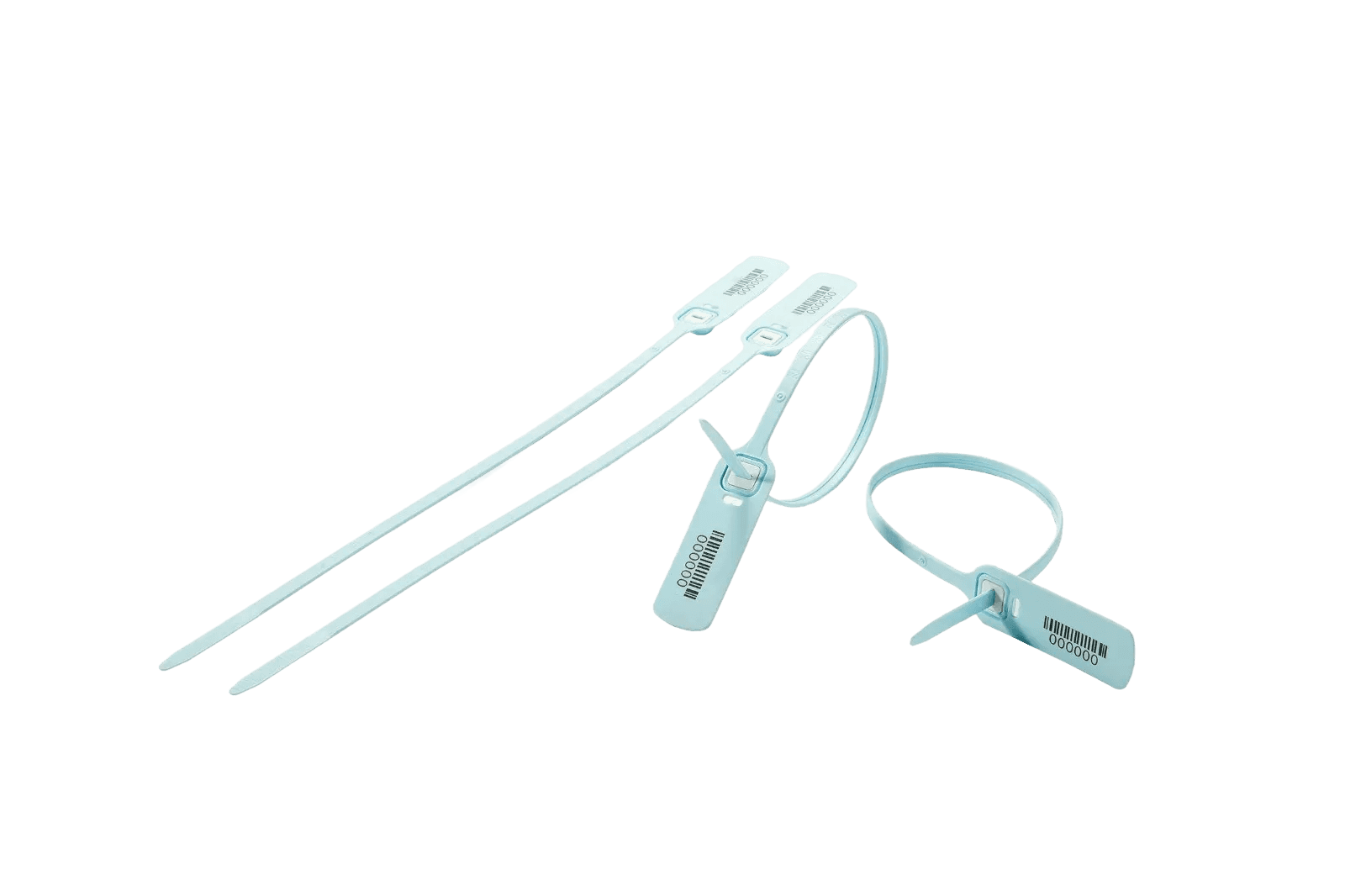 TR400_3 pastel blue plastic security seals with flat tail and flap, with non-return stainless steel locking mechanism, printed with barcode and serial number, sealed and unsealed view.
