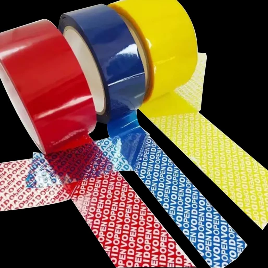 Red blue and yellow tamper evident tape rolls in different colours
