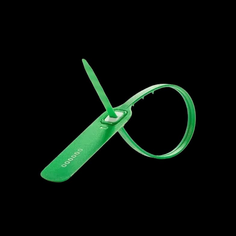 TR300_1 green plastic security seal with flat tail and flap, with non-return stainless steel locking mechanism, printed with serial number, close–up sealed view for securing rolltainers.