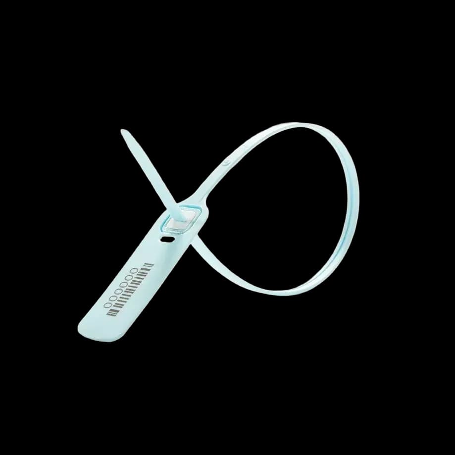 TR400_1 pastel blue plastic security seal with flat tail and flap, with non-return stainless steel locking mechanism, printed with barcode and serial number, close-up sealed and side view.