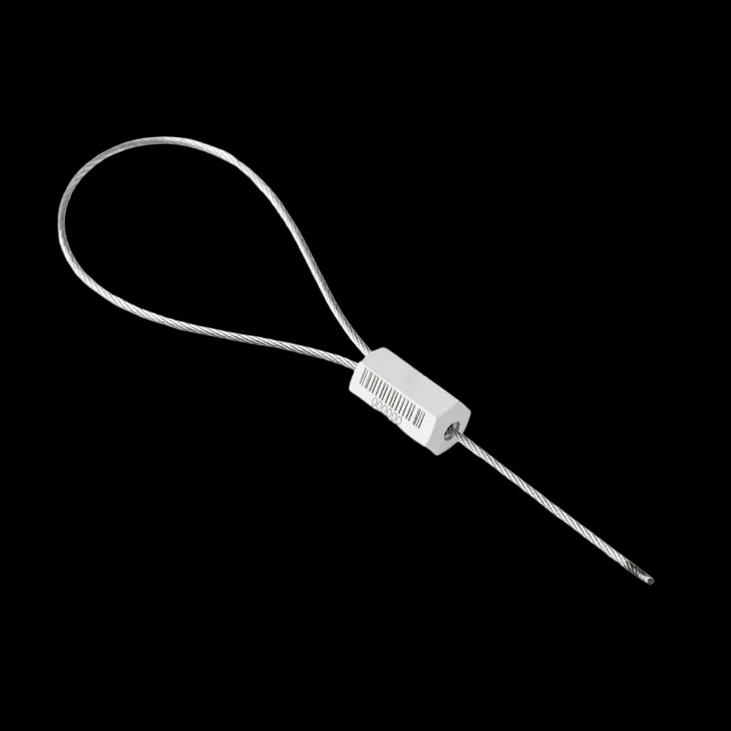 TRCABLEHEX_1 cable seal with white Acrylonitrile Butadiene Styrene hexagonal body, printed with barcode and serial number, sealed, close-up view, used to secure high-value cargo.