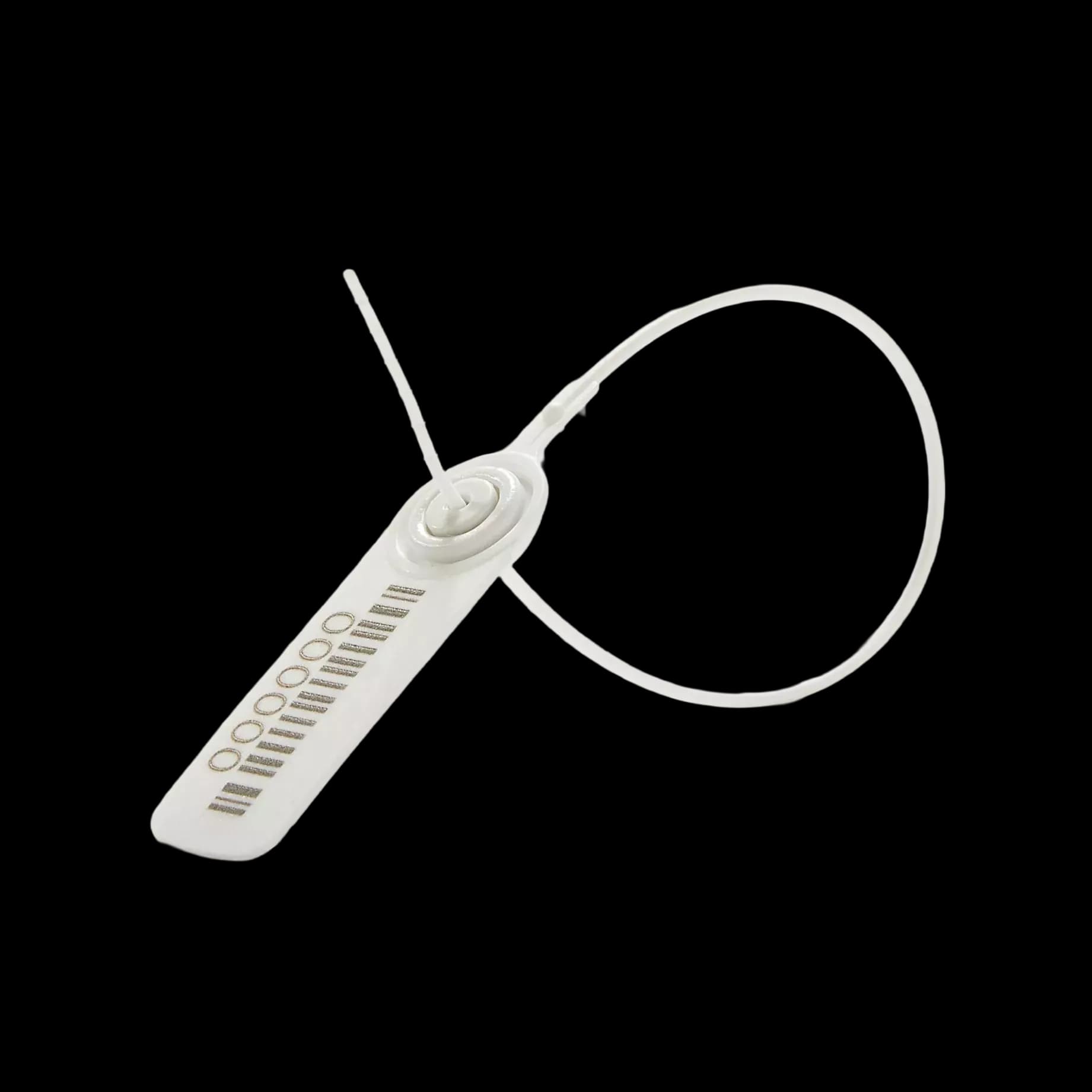 TRFAST200_1 white plastic security seal with round tail and flap, 200mm overall length with non-return stainless steel locking mechanism, printed with barcode and serial number, close-up sealed and side view, used for petrol tankers.