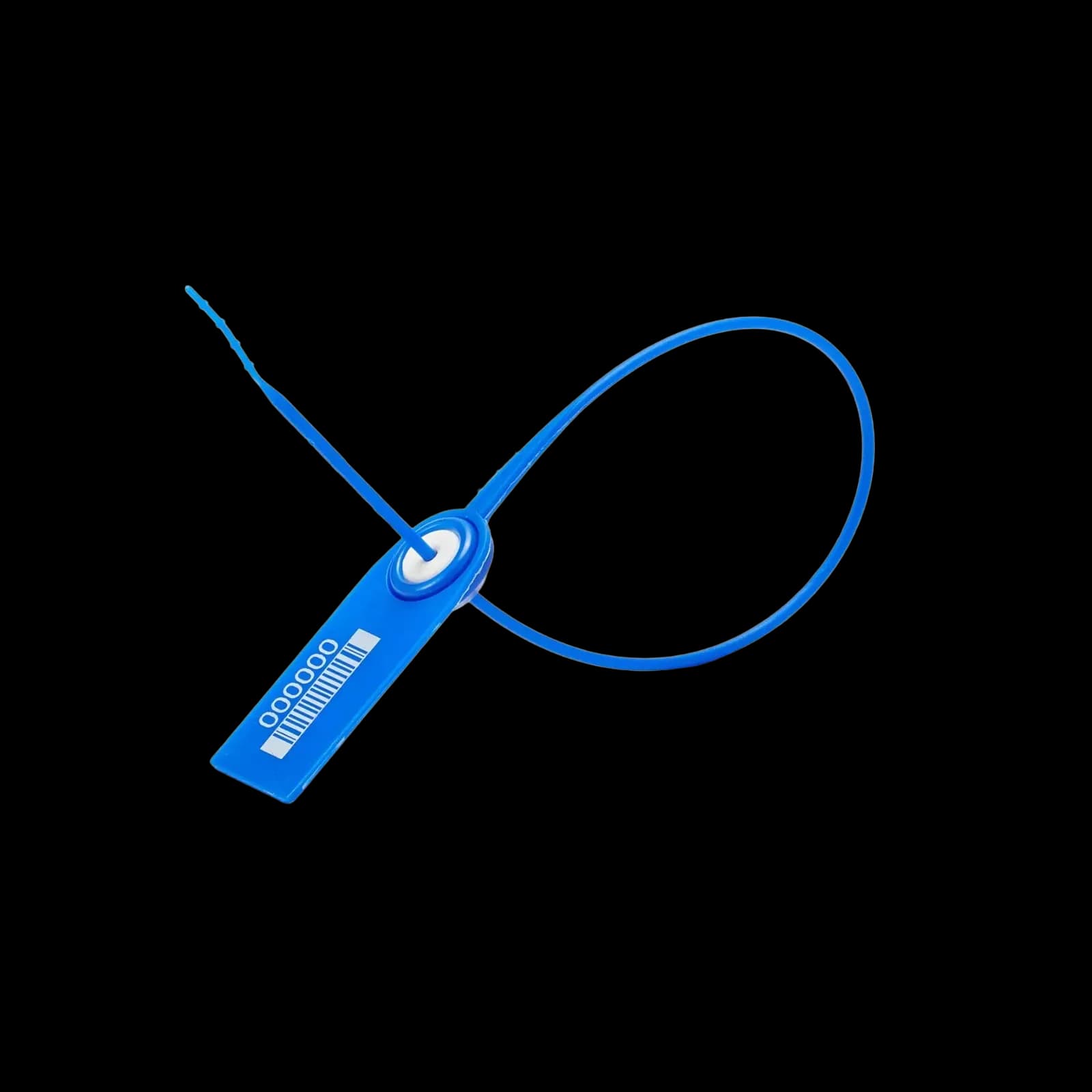 TRFAST_1 blue plastic security seal with round tail and flap, 295mm overall length with non-return stainless steel locking mechanism, printed with barcode and serial number, sealed, close-up view.