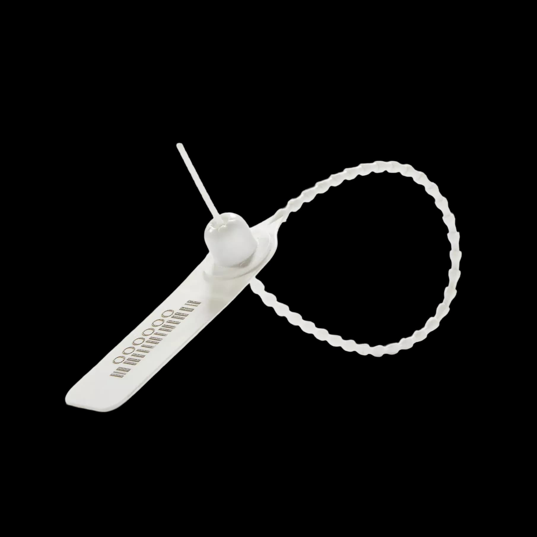 TRMTS_1 white plastic security seal with ribbed tail, printed with barcode and serial number, close-up sealed and side view.