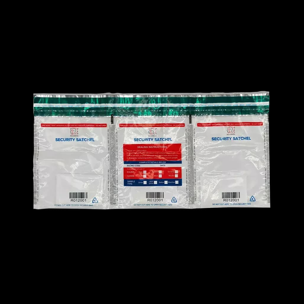 Three microbiology tamper evident bags with green TRM header strip