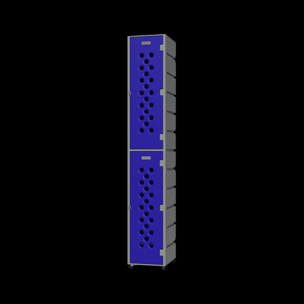 Tall narrow blue compartment locker with multiple stacked doors