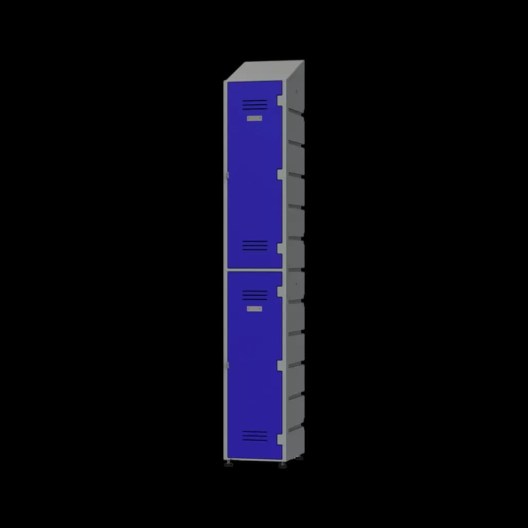 Blue locker column with alternating vented and non vented doors