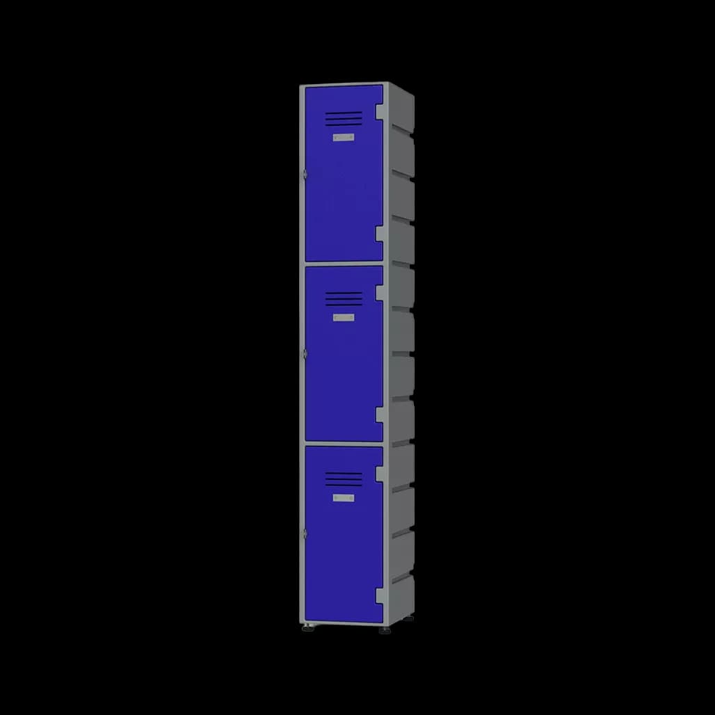 Narrow blue compartment locker for changing room or warehouse storage