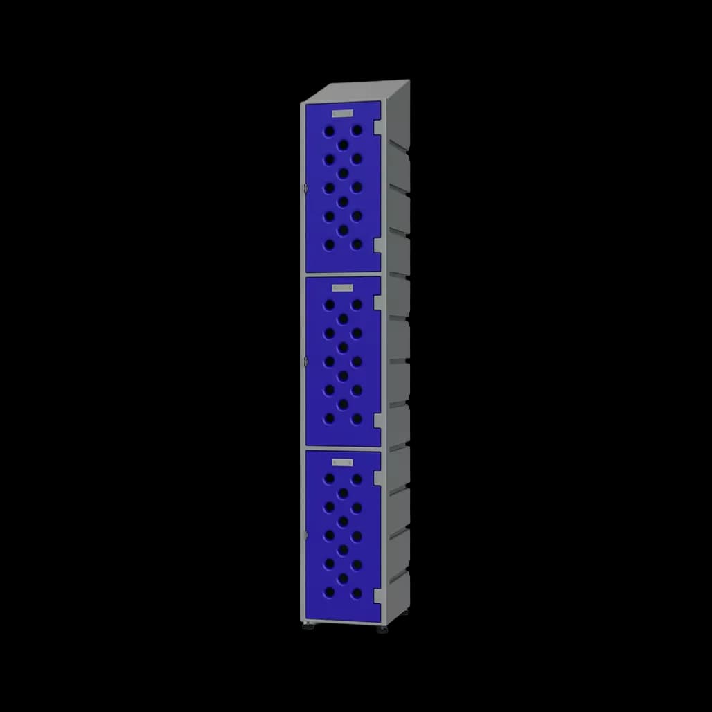 Blue steel locker column featuring alternating solid and perforated doors