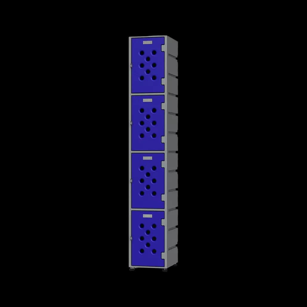 Blue locker column with perforated top doors and solid lower sections