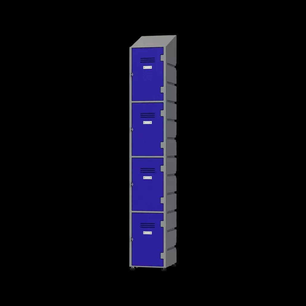 Narrow blue locker column with five stacked compartment doors