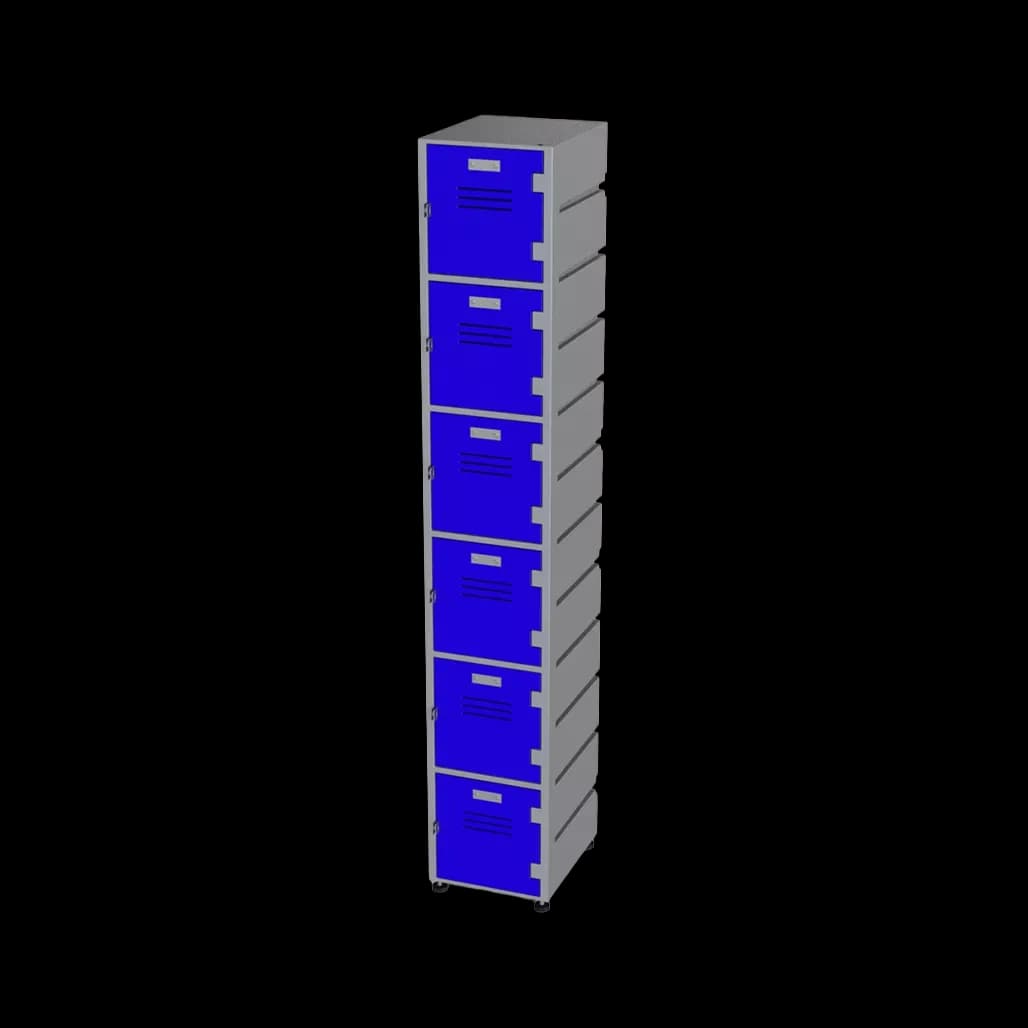 Blue storage locker column with six stacked compartment doors