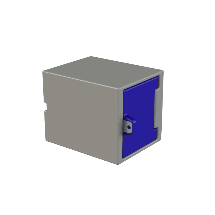 Mini grey valuables locker with flat top with blue front door and latch