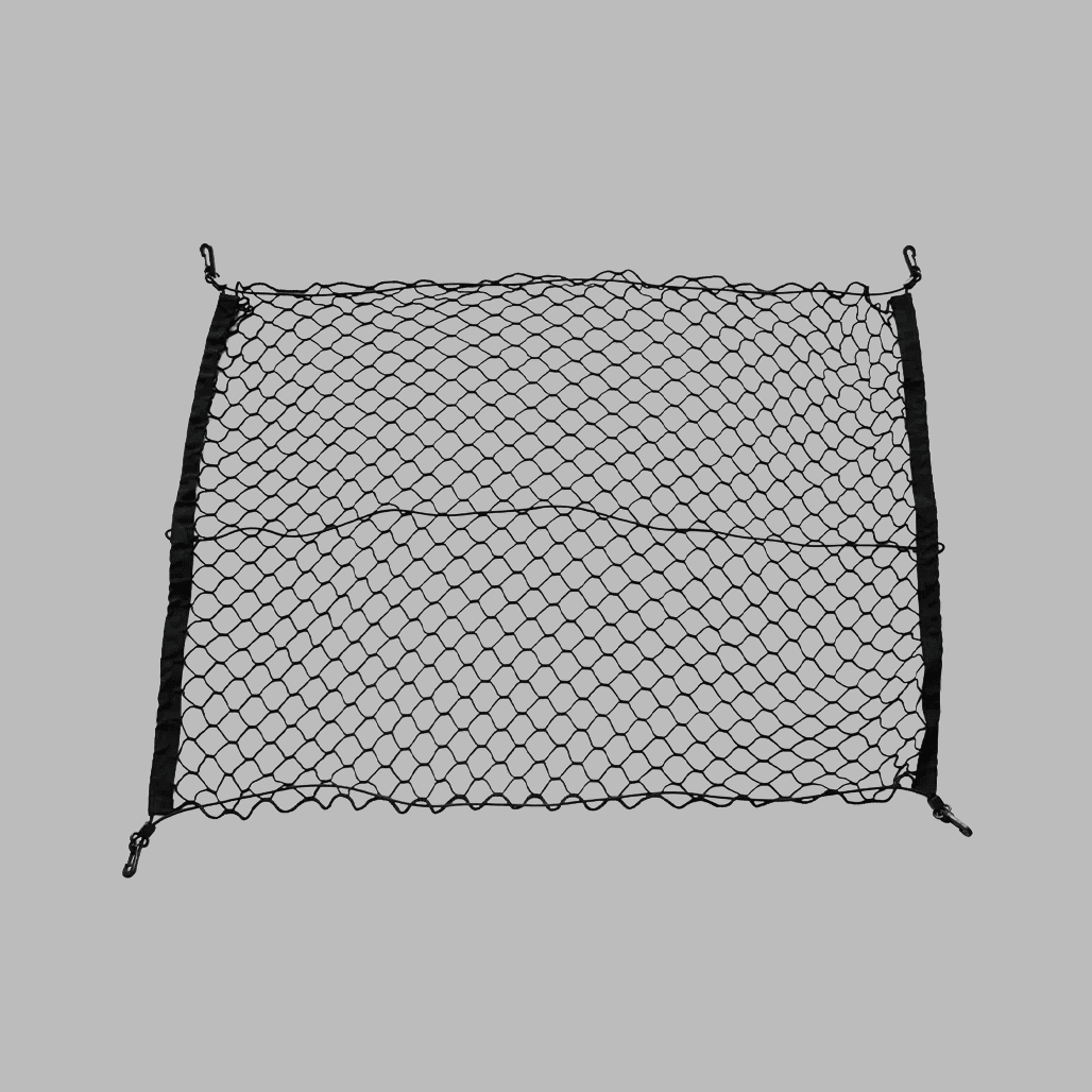 Rectangular black cargo net on grey background with four corner loops