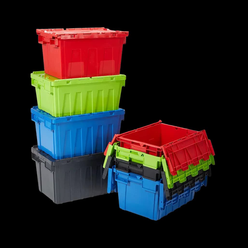 Stack of multicolour attached-lid crates nested for storage