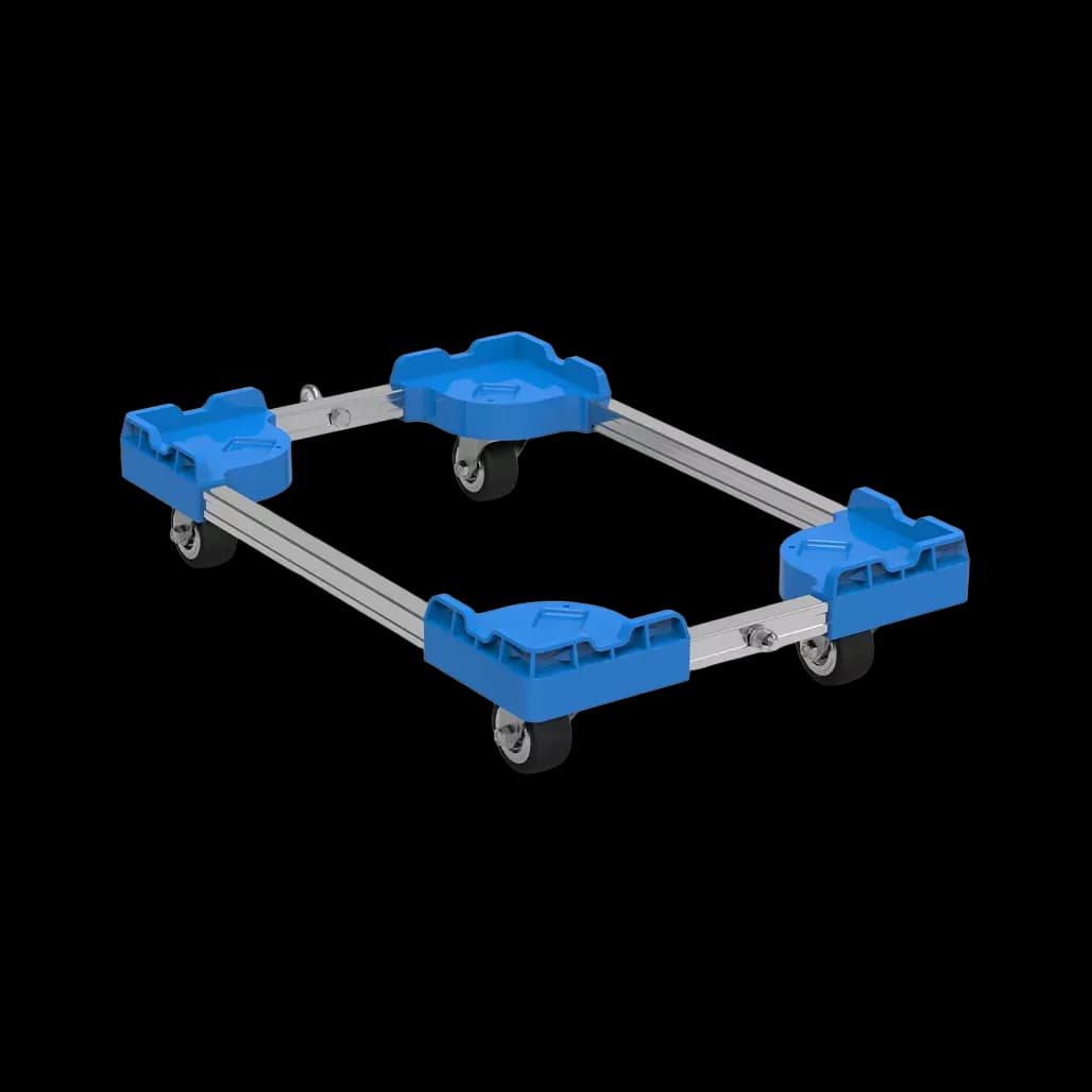 Adjustable blue and silver dolly frame with four swivel castors