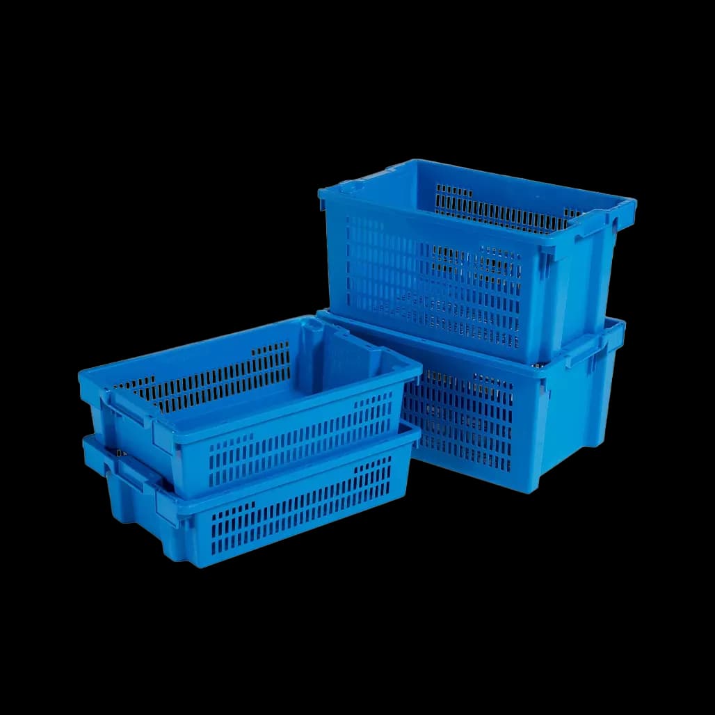 Group of three blue ventilated crates in different sizes