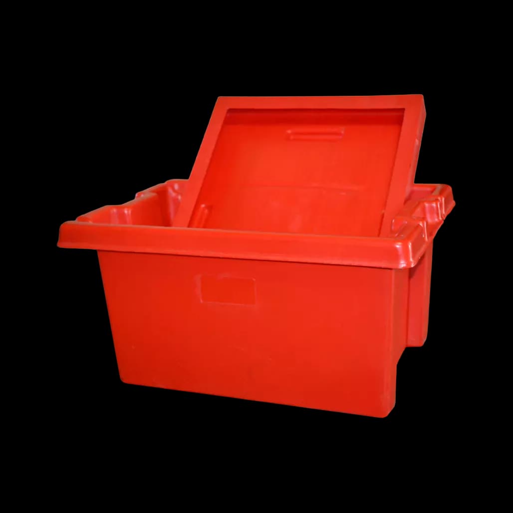 Red plastic tote box with hinged lid partially open