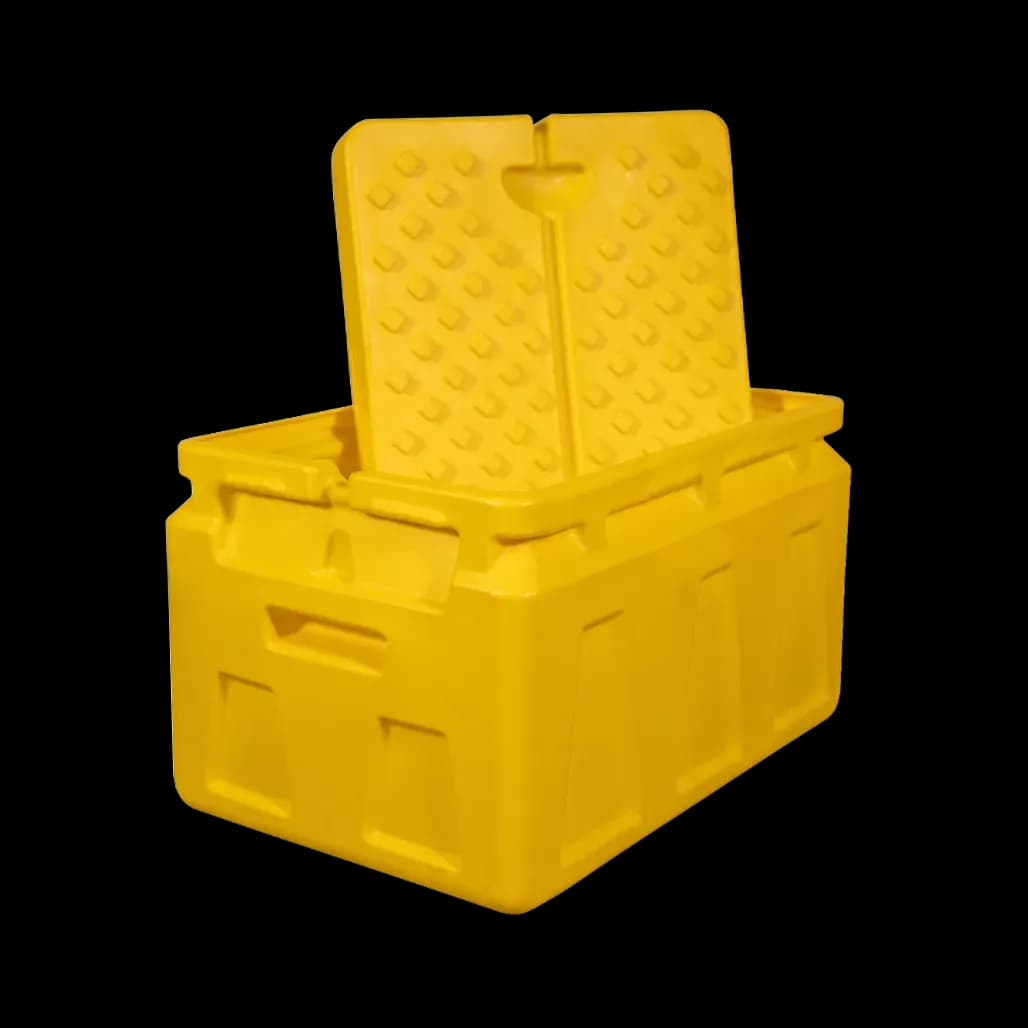 Yellow insulated storage crate with lid open upright