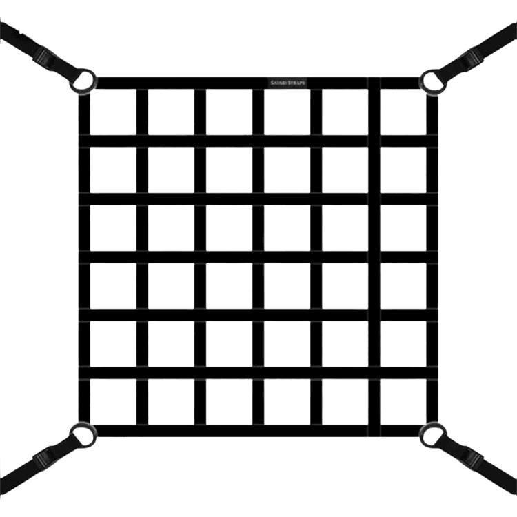 Square black cargo restraint net with corner attachment straps